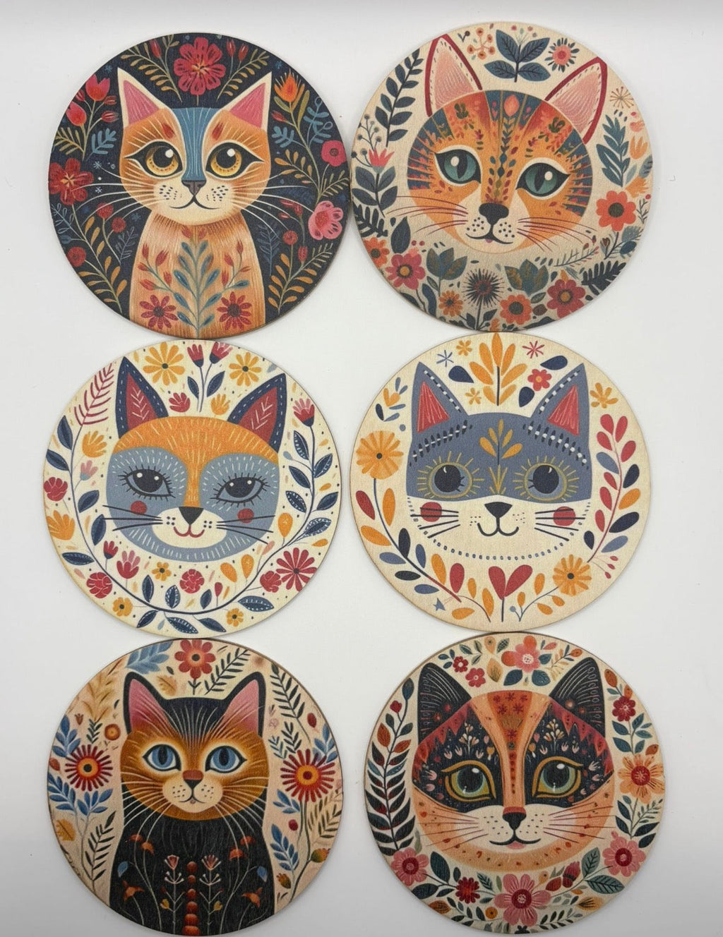 Cat Coaster folk art floral cat design coasters in 6 different illustrated styles