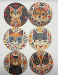 Cat Coaster folk art floral cat design coasters in 6 different illustrated styles