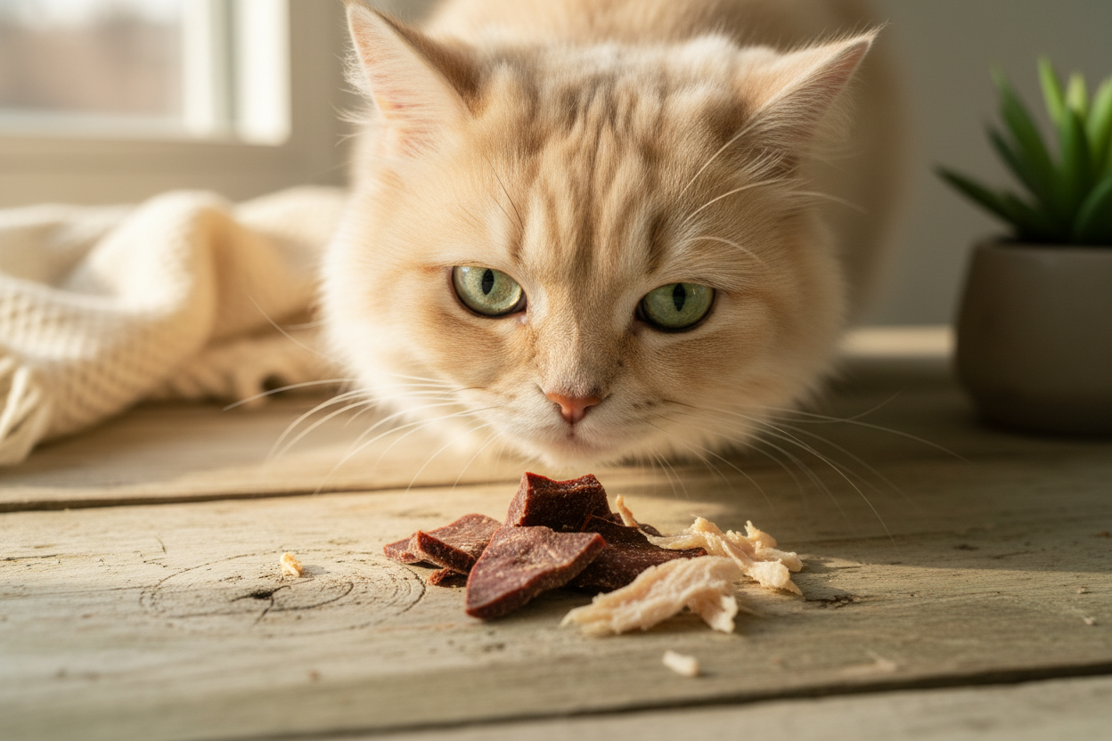 Cat with dehydrated liver and chicken treats